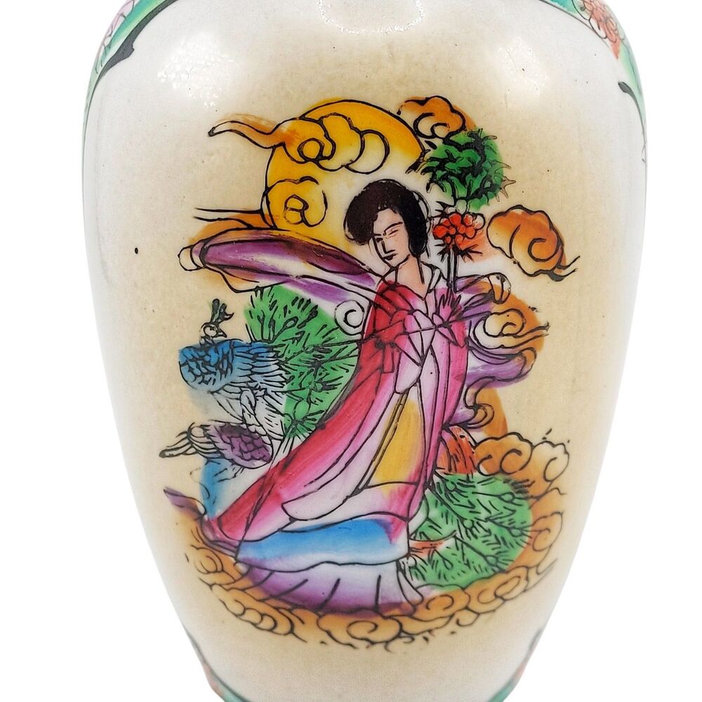 VTG 70-90's Chinese Hand Painted Enamel Geisha Peony 8.25" Vase Zhongguo Zhizao - Picture 2 of 12